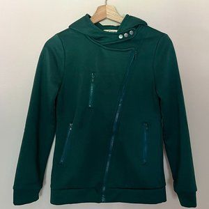 Green hooded jacket with asymmetrical zipper